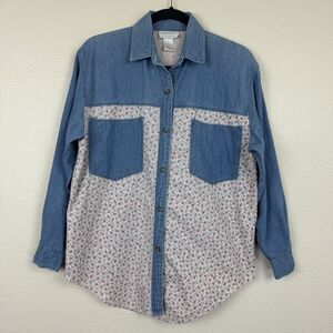Vintage 90s Partners Mervyns Floral Denim Button Down Long Sleeve Top Cotton M